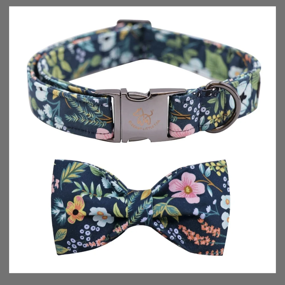 Pet Bow Tie and Collar Set Navy Spring Floral Size Medium 13.5